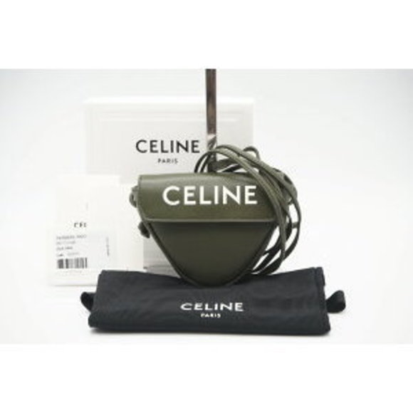 Celine Shoulder Bag Leather Triangle Pouch Khaki Green White - Picture 1 of 9